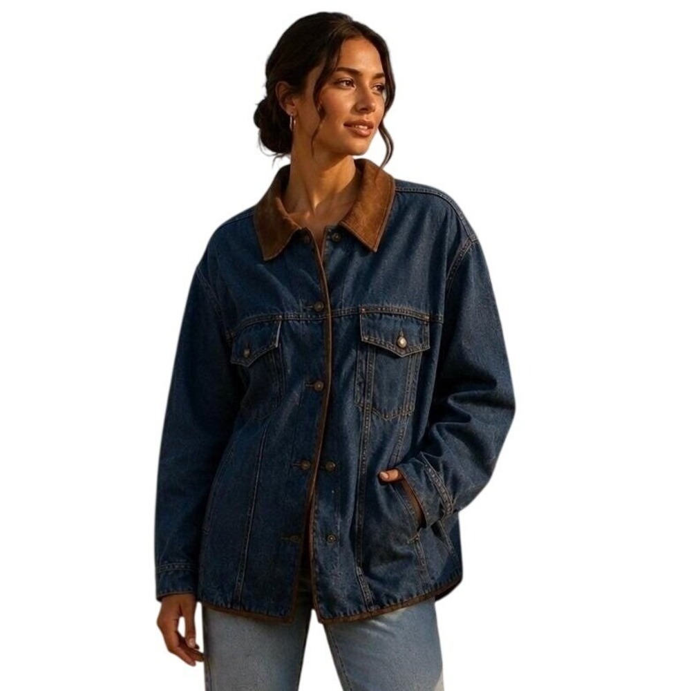 VINTAGE Carole Little Denim Barn Chore Coat Jacket Suede Collar Trim 3X Plus